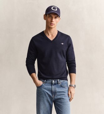 Gant Katoenen trui met V-hals, marineblauw