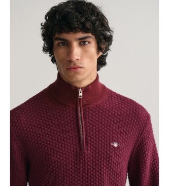 Gant Bombažni pulover s polovičnim zapenjanjem Teksturirana bordo barva