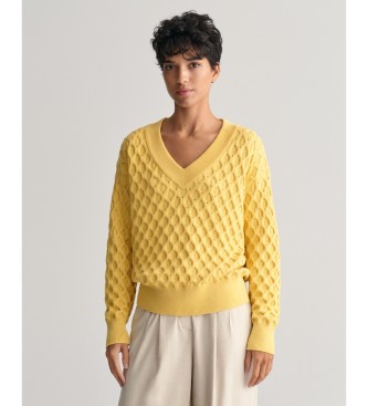 Gant Żółty teksturowany sweter z dzianiny z dekoltem w szpic