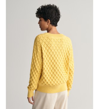 Gant Żółty teksturowany sweter z dzianiny z dekoltem w szpic