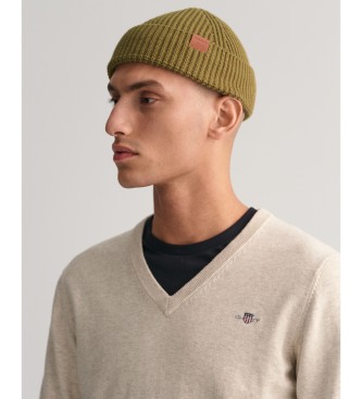 Gant Klasični bombažni pulover z V-izrezom v bež barvi