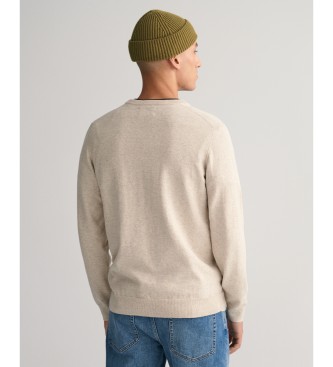 Gant Klasyczny beżowy bawełniany sweter z dekoltem w szpic