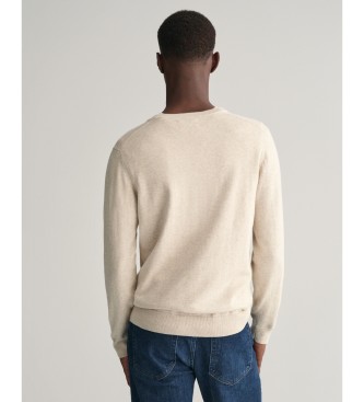 Gant Klasični bombažni pulover z V-izrezom v bež barvi