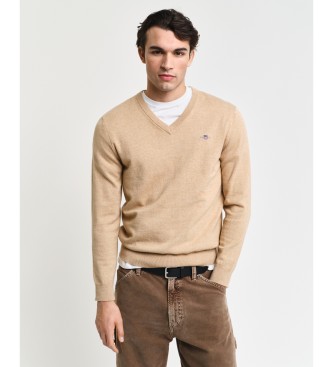 Gant Klassieke beige katoenen pullover met V-hals