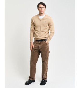 Gant Klassieke beige katoenen pullover met V-hals