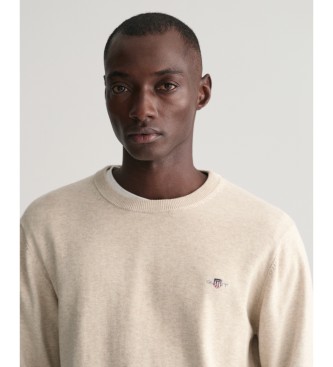 Gant Klasyczny beżowy bawełniany sweter z okrągłym dekoltem