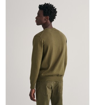 Gant Klasyczny zielony bawełniany sweter z okrągłym dekoltem