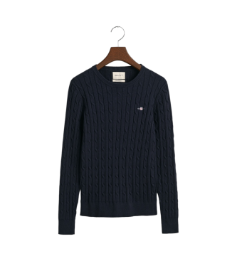 Gant Pull  col rond en jersey de coton extensible marine avec tissu tricot en forme de huit