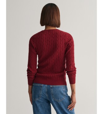 Gant Maroon katoenen stretch gebreide trui met ronde hals en ecru ribboord