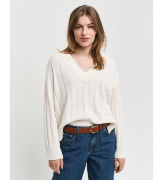 Gant Wool Sweater With Wide Ribbed V-neck Peaked Collar white