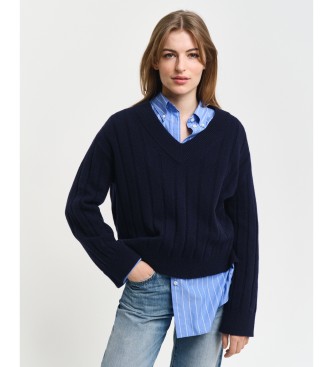 Gant Wool Pullover With V-neck and wide navy ribbed collar