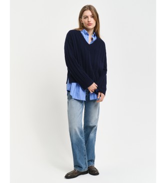 Gant Wool Pullover With V-neck and wide navy ribbed collar