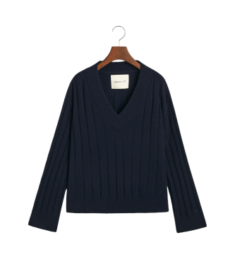 Gant Wool Pullover With V-neck and wide navy ribbed collar