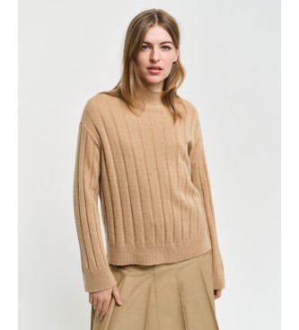 Gant Pullover i ull med rak hals och bred beige ribbad halsringning