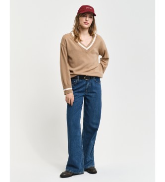 Gant Jumper i mycket fin frull med kontrasterande beige v-ringad krage