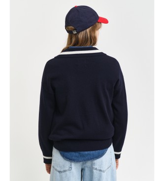 Gant Camisola de l de ovelha muito fina com gola em V contrastante em azul-marinho