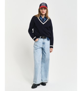 Gant Camisola de l de ovelha muito fina com gola em V contrastante em azul-marinho