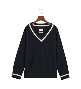 Gant Camisola de l de ovelha muito fina com gola em V contrastante em azul-marinho