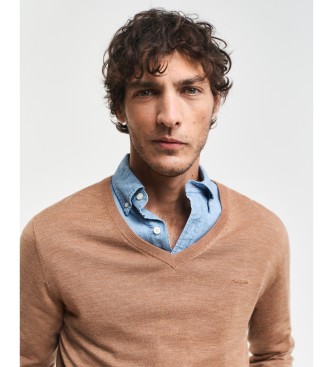 Gant Extra fine merino wool jumper with brown v-neck collar