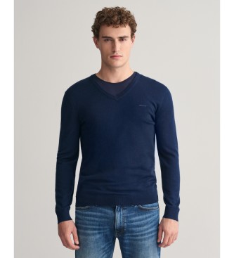 Gant Camisola de l merino extrafina com gola em V em azul-marinho