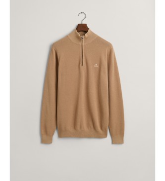 Gant Bombažni pulover pique s polovično zadrgo v bež barvi