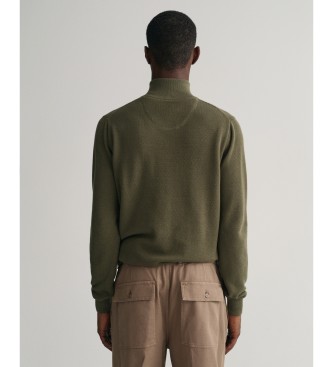 Gant Bombažni pulover pique s polovično zadrgo zelene barve