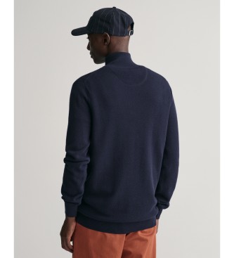 Gant Bombažni pulover pique s polovično zadrgo v mornariški barvi