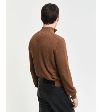 Gant Maglione in piqu di cotone marrone con mezza zip