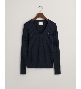 Gant Dzianinowy sweter z dekoltem V z elastycznej bawełny w kolorze granatowym, dziergany w ósemki