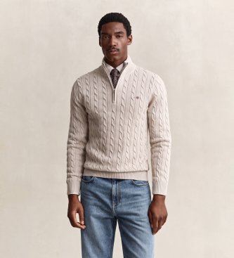 Gant Gebreide trui met kabelpatroon en halve rits, beige