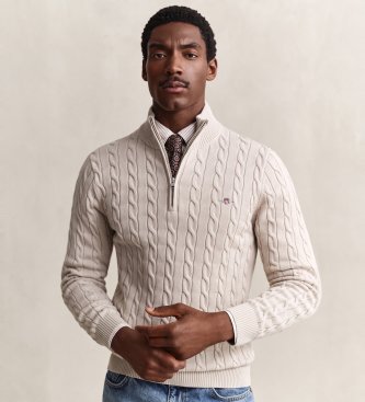 Gant Gebreide trui met kabelpatroon en halve rits, beige