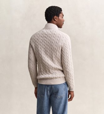 Gant Gebreide trui met kabelpatroon en halve rits, beige