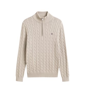 Gant Gebreide trui met kabelpatroon en halve rits, beige