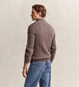 Gant Maglione in maglia a trecce con mezza zip marrone