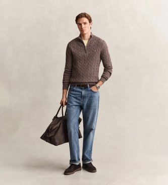 Gant Maglione in maglia a trecce con mezza zip marrone