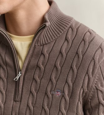 Gant Maglione in maglia a trecce con mezza zip marrone
