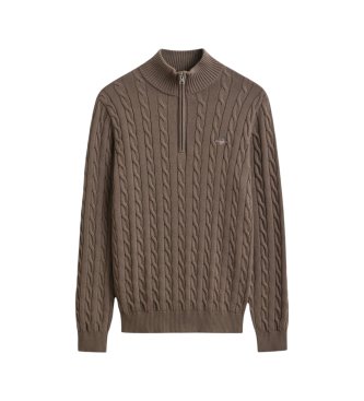 Gant Maglione in maglia a trecce con mezza zip marrone