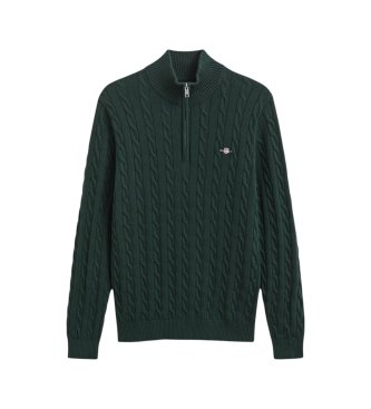 Gant Groene gebreide trui met kabelpatroon en halve rits