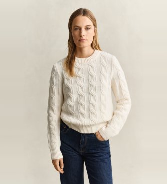 Gant Pull en tricot torsadé en mélange de laine blanc crème