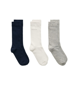 Gant Pack tres pares de calcetines acanalados Tonal Logo marino, blanco, gris