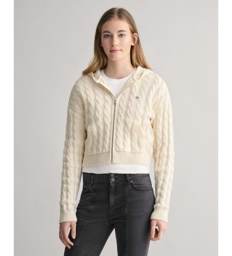Gant Shield Teen white short knitted sweatshirt with hood and zip hoodie