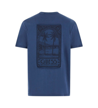 Guess T-shirt z dużą aplikacją na plecach w kolorze niebieskim