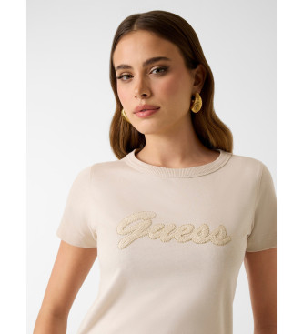Guess Majica z logotipom v bež barvi z bleščicami