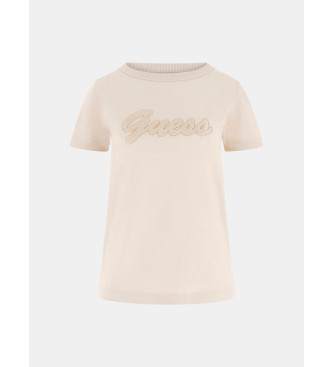Guess Majica z logotipom v bež barvi z bleščicami