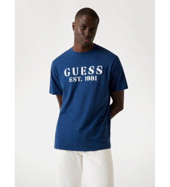 Guess Lniana koszulka z niebieskim logo