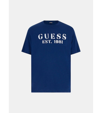 Guess Lniana koszulka z niebieskim logo