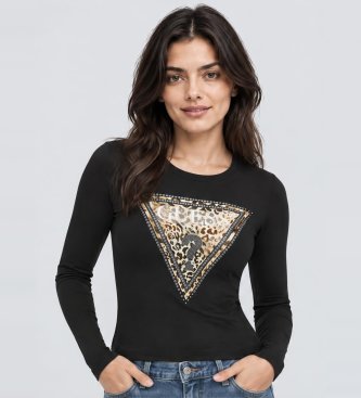 Guess T-shirt Savanna med triangel leopard svart