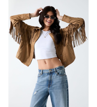 Guess Krótka kurtka z brązowymi frędzlami