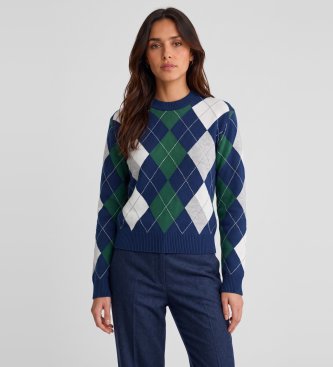 Guess Gracie round neck sweater with blue argyle pattern