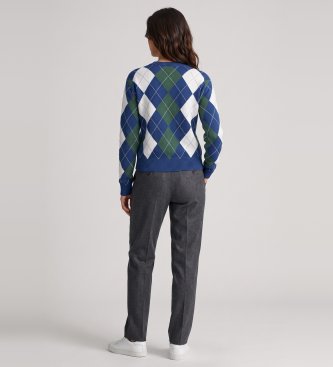 Guess Gracie round neck sweater with blue argyle pattern